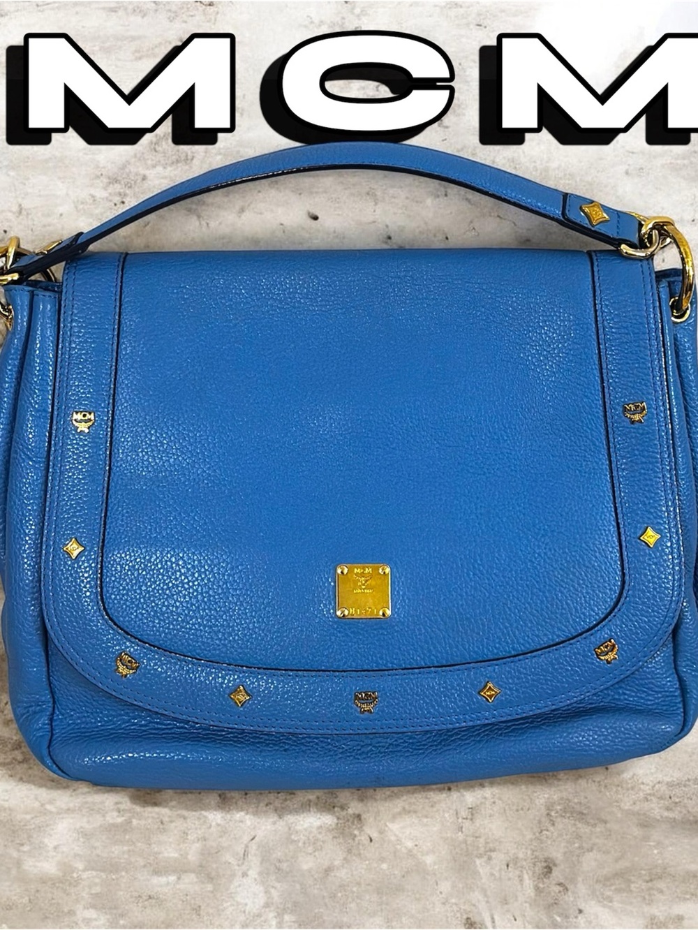 MCM Studded Blue Pebbled Leather Satchel/Crossbody Tote Gold Hardware Like New